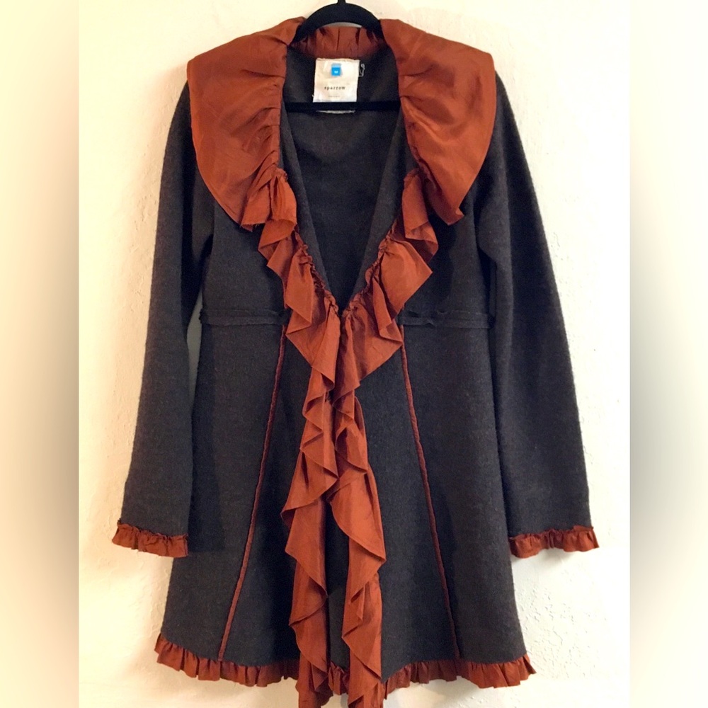Anthropologie Sparrow Long Cardigan 100% Wool 100% Silk Medium Brown Ruffle